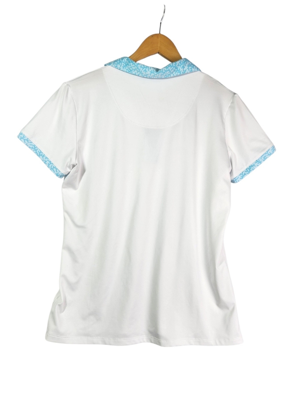 Sport Haley Golf Polo Shirt Womens Medium White Aqua Coral Trim Ruffle Stretch - Picture 7 of 12